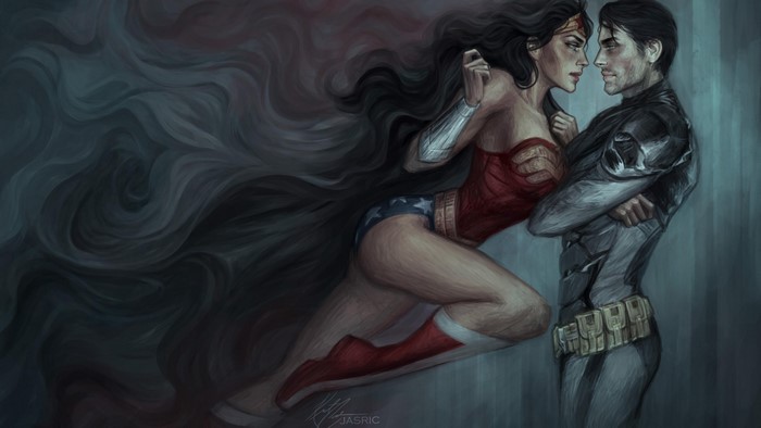 Wonder Woman and Batman in dark swirling smoke