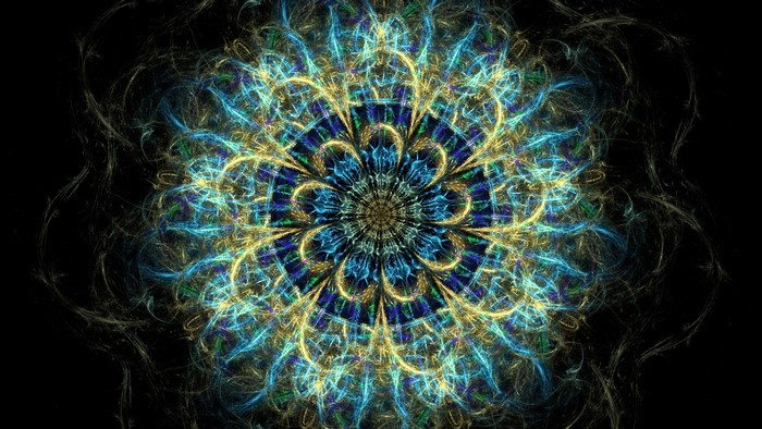 Fractal mandala with blue and gold patterns