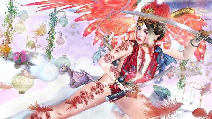 Fantasy girl with swords and dragons