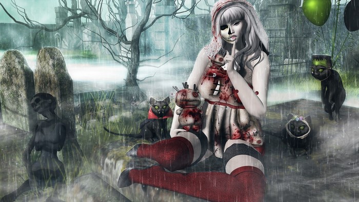 Fantasy girl with zombie makeup in a graveyard