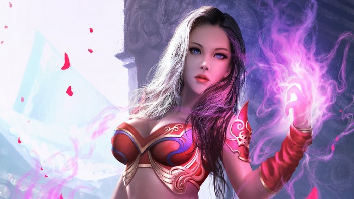 Girl with magic and rose petals