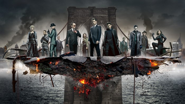 Gotham Season 5 Cast on a Destroyed Bridge