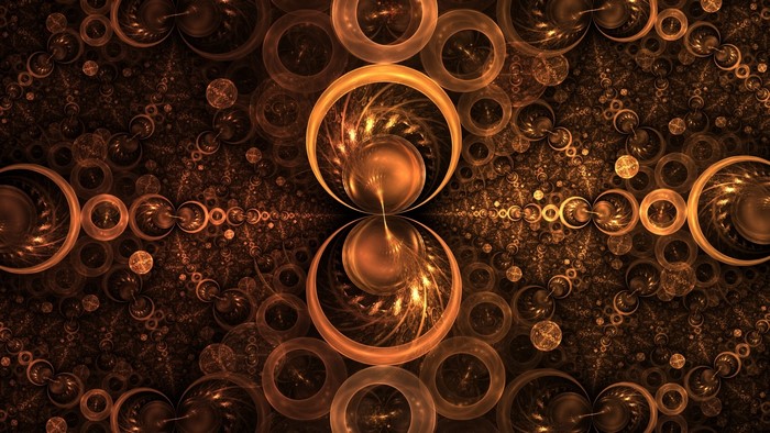 Abstract fractal art with golden rings and spheres
