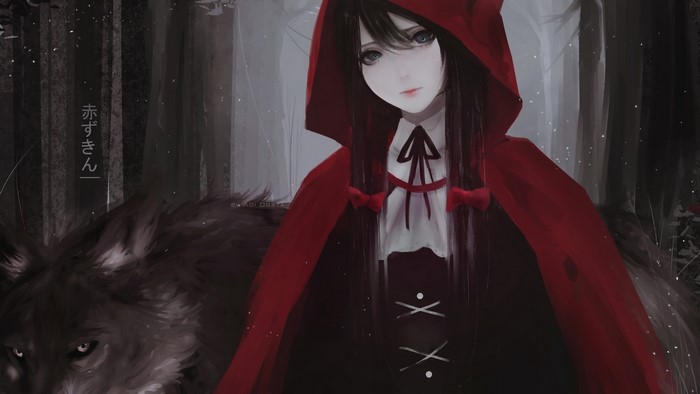 Little Red Riding Hood and wolf in a dark forest