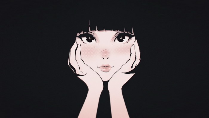 Anime girl with black hair resting her face on her hands