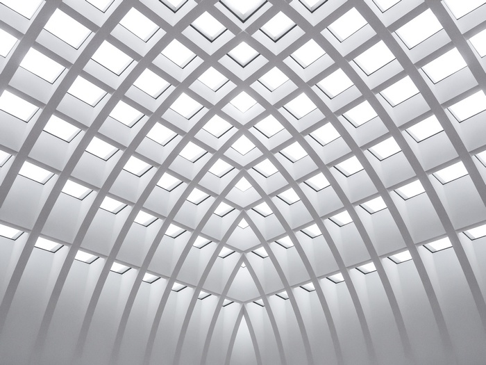 Modern symmetrical architecture with skylights