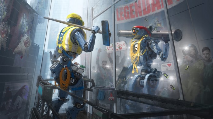 Robots cleaning windows with crowd watching