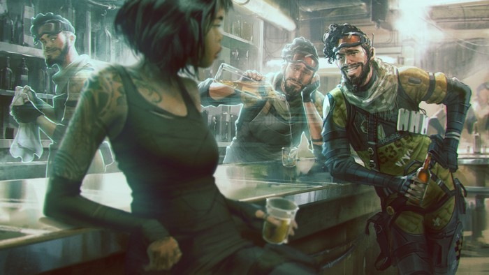 Mirage from Apex Legends at a bar