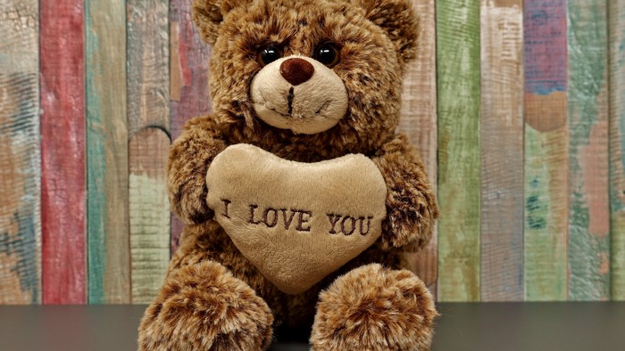 Teddy bear holding a heart with "I LOVE YOU"