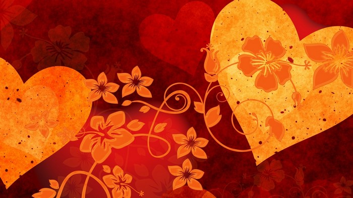 Hearts and flowers on a red background