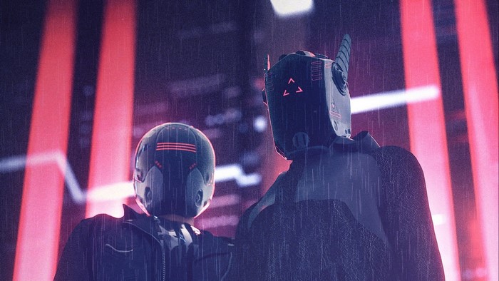 Two robots in cyberpunk city at night