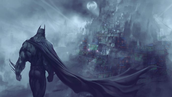 Batman overlooking a dark cityscape