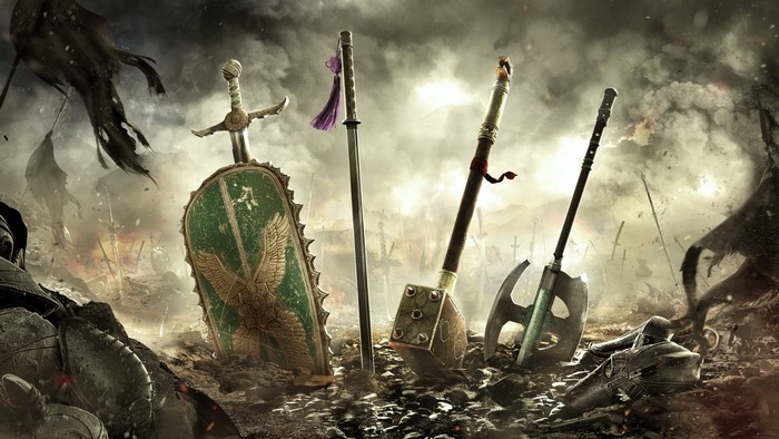 For Honor weapons on a battlefield