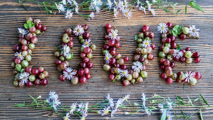Love spelled with gooseberries and flowers