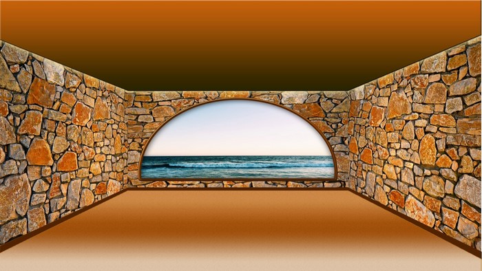 Stone room with arched window overlooking the ocean