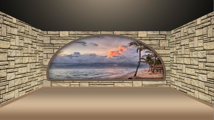 Room with stone walls and a tropical beach view