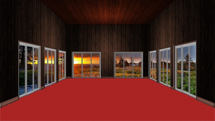 Room with windows showing landscapes