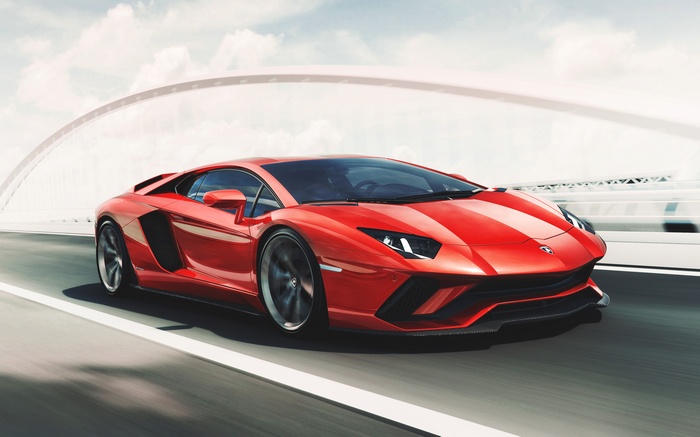 Red Lamborghini Aventador driving on a bridge 4K