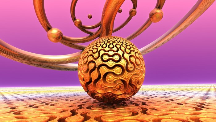 Golden fractal sphere with abstract metallic structures