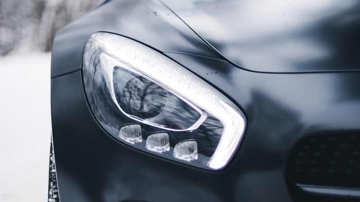 Close-up of a Mercedes-Benz car headlight