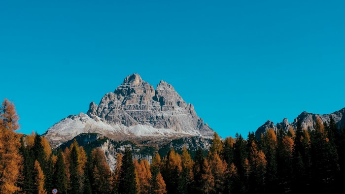 Mountain peak with autumn trees and blue sky