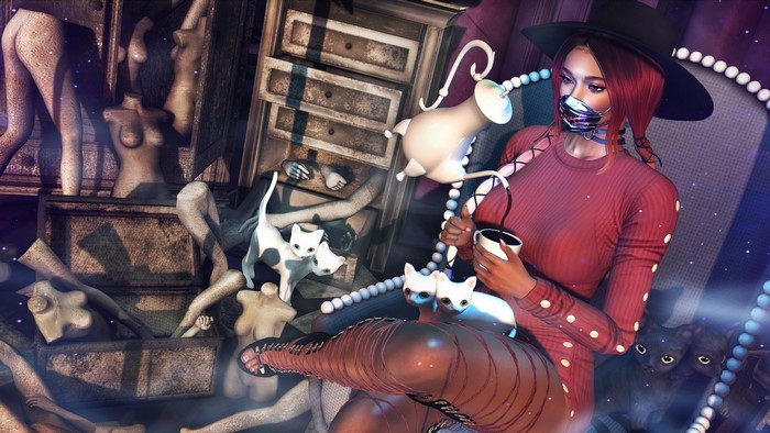Fantasy girl with cats and mannequins