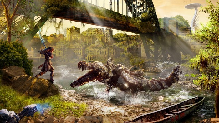 Aloy from Horizon Zero Dawn fights a machine in a river