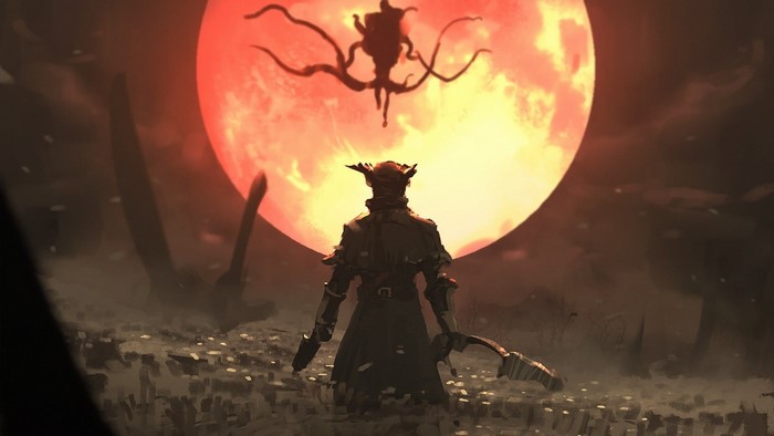 Hunter from Bloodborne facing a cosmic entity under a blood moon