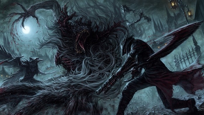 Hunter fighting the Cleric Beast in Bloodborne
