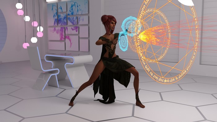 Fantasy girl casting magic in futuristic room