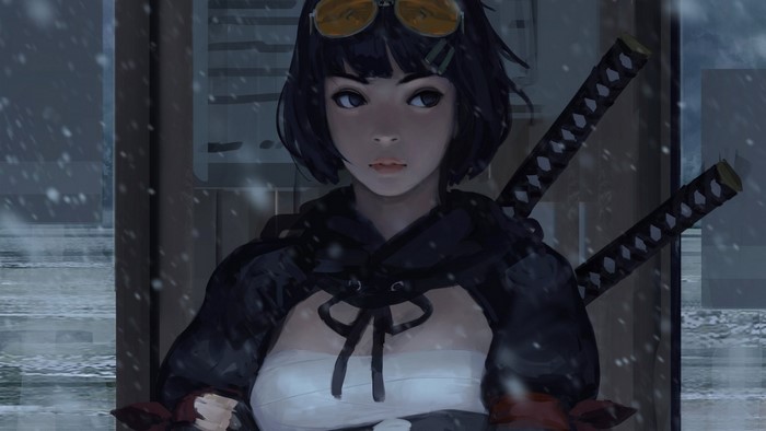 Samurai Warrior Girl with Swords in Snow