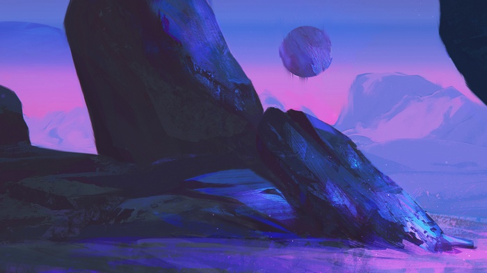 Digital paint of a purple alien landscape with rocks