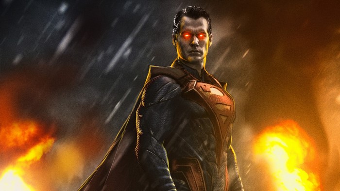 Superman from Injustice with glowing red eyes