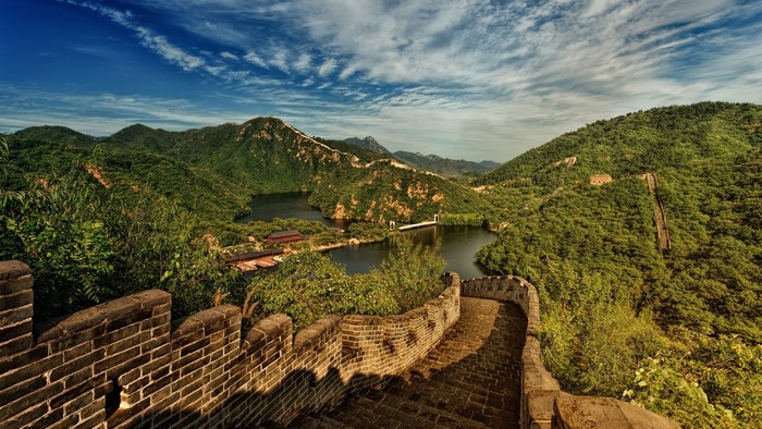 The Great Wall of China with a lake and mountains