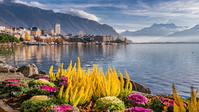 Montreux cityscape on Lake Geneva with mountains