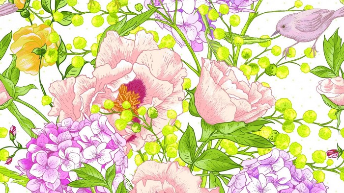 Floral pattern with peonies, hydrangeas, and a bird