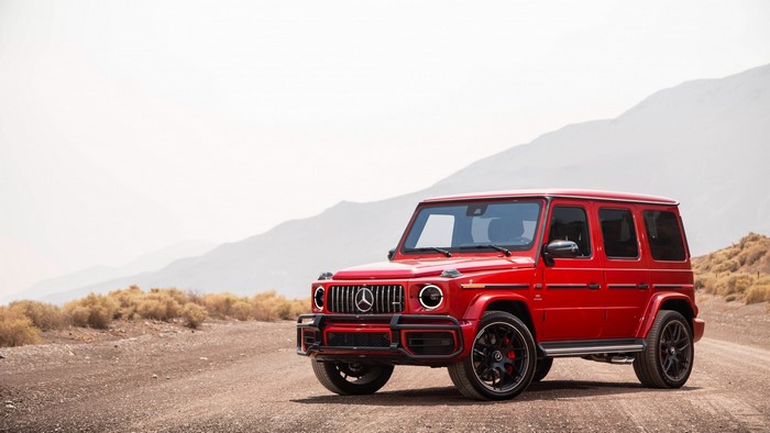Red Mercedes AMG G Class in a Desert Landscape
