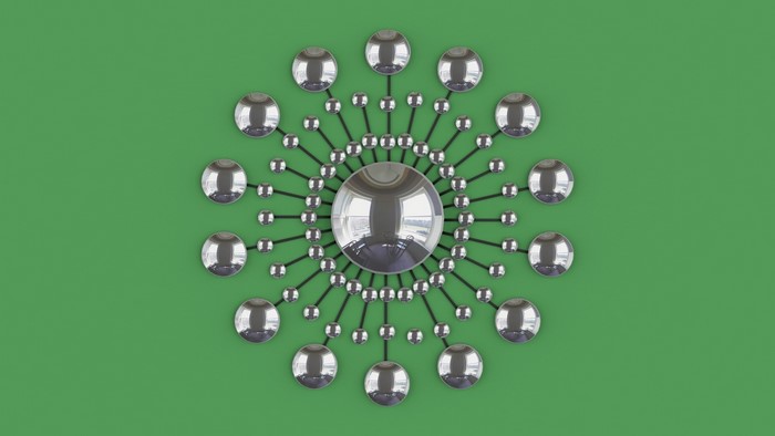 Abstract metallic spheres on green background