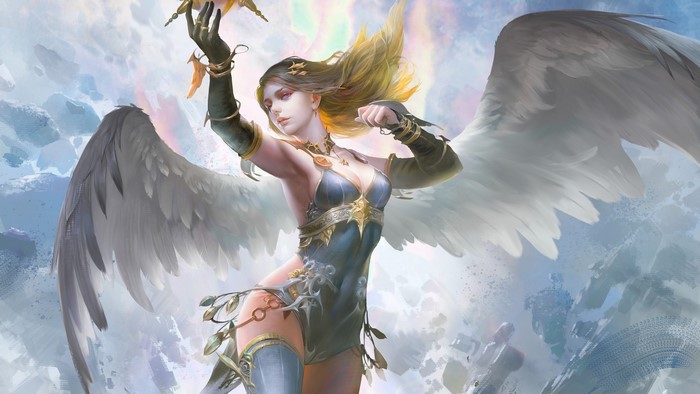 Fantasy girl with wings holding a golden object