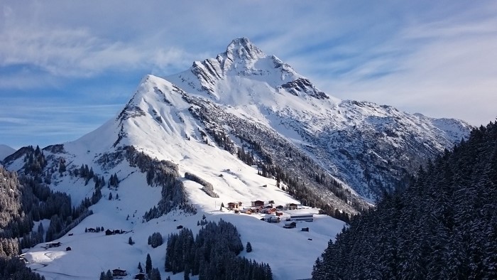 Snowy mountain landscape with village