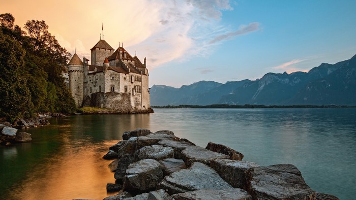 Chillon Castle on Lake Geneva at sunset