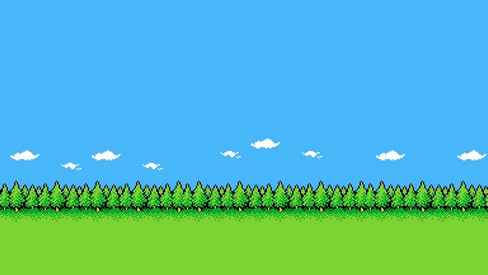 Retro forest landscape with trees and clouds