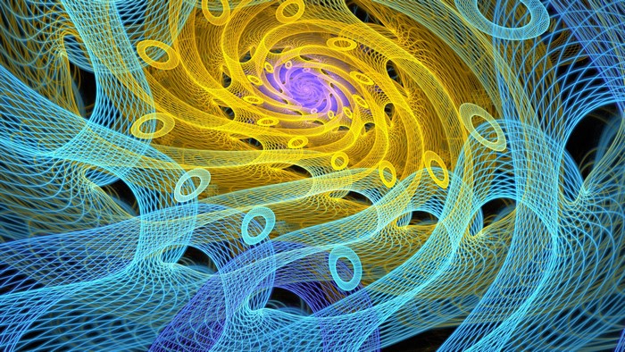 Abstract fractal spiral with blue and yellow lines