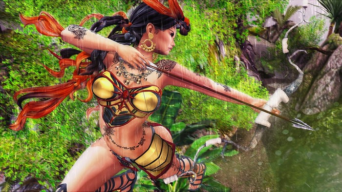 Fantasy girl with bow and arrow in jungle