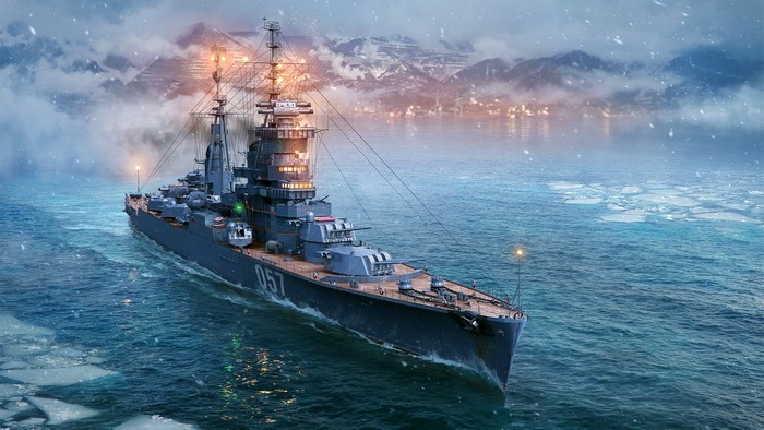 Battleship in icy waters with mountains in background