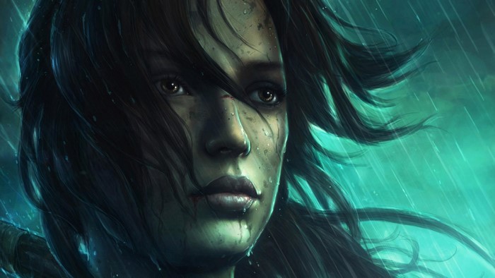 Lara Croft from Tomb Raider in the rain