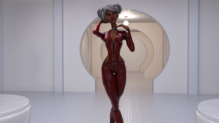 Woman in red suit in futuristic room