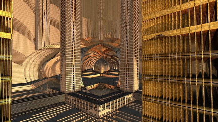 Abstract fractal architecture with golden and metallic elements