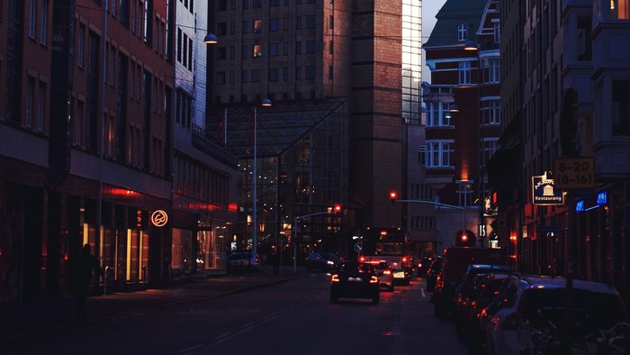 Street scene in Malmo at dusk