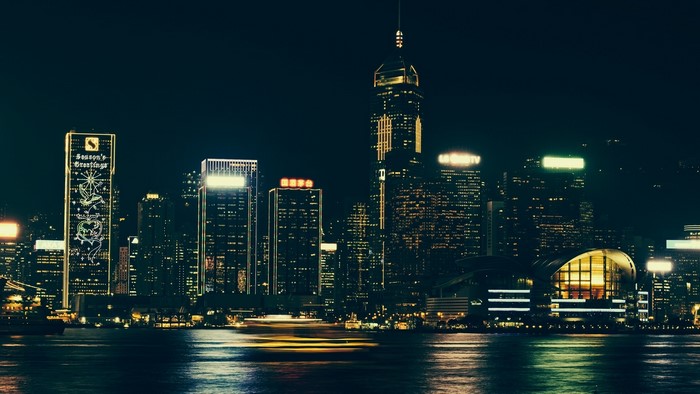 Hong Kong skyline at night with waterfront